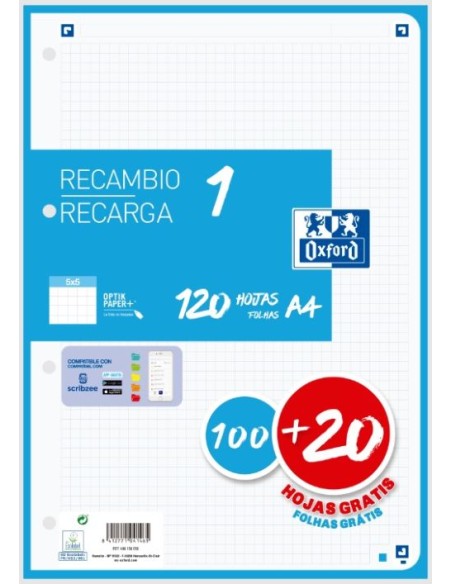 Recambio 1 color a4 10020h 90g cuadricula 5x5 color banda turquesa
