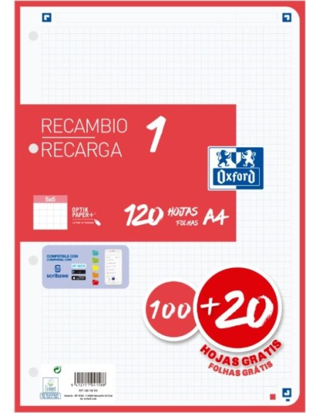 Recambio 1 color a4 10020h 90g cuadricula 5x5 color banda rojo
