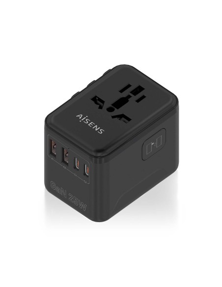 Adaptador Enchufe Universal Para Viaje EU/USA/UK/AU Con Cargador USB GaN, 2xUSB-A QC3.0, 2xUSB-C PD3.0 25W, Negro
