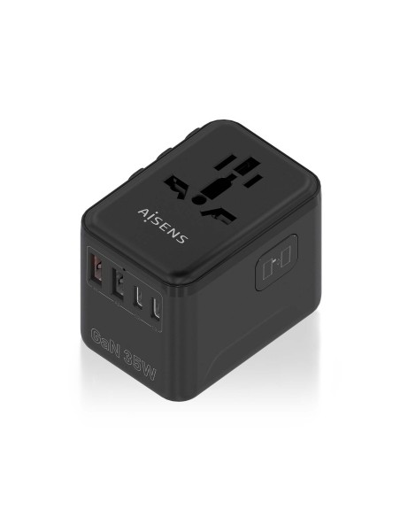 Adaptador Enchufe Universal Para Viaje EU/USA/UK/AU Con Cargador USB GaN, 2xUSB-A (A1 QC3.0), 3xUSB-C (C1 PD3.0) 35W, Negro