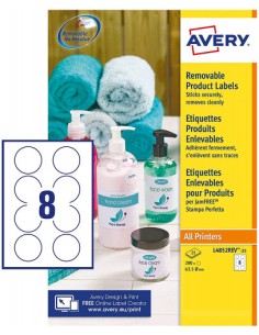 CAJA 250 ETIQUETAS BLANCAS RREMOVIBLES- MULTIUFUNCIÓN REDONDA 63,5MM - 8 ETIQUETAS POR HOJA AVERY L4852REV-25