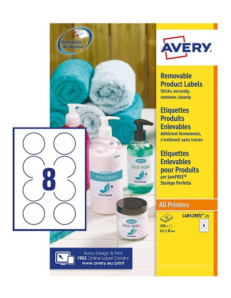 CAJA 250 ETIQUETAS BLANCAS RREMOVIBLES- MULTIUFUNCIÓN REDONDA 63,5MM - 8 ETIQUETAS POR HOJA AVERY L4852REV-25