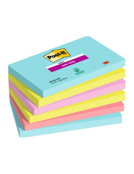 Super Sticky Notes Miami 76mmx127mm PK6 nota autoadhesiva Plaza Azul, Verde, Rosa 90 hojas Autoadhesivo