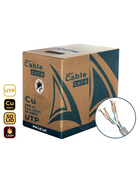 Bobina Cobre 100% Sólido UTP Certificada LSZH AWG24 Cat.6 305 m cable de red - PHR 652