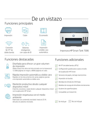 Smart Tank Impresora multifunción 7006, Color, Impresora para Impresión, escaneado, copia, Wi-Fi, Escanear a PDF