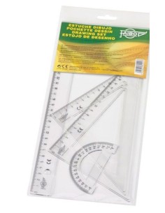 Estuche dibujo escolar transparente regla 30 cm escuadra y cartabon 25 cm semicirculo 9 cm