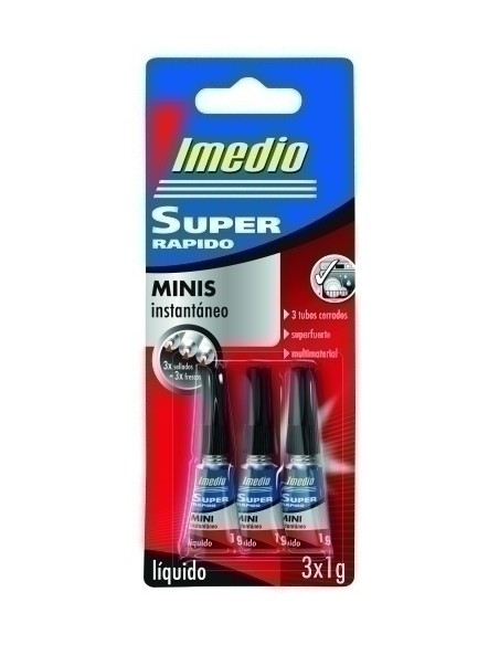IMEDIO PEGAMENTO SUPER RÁPIDO LÍQUIDO ADHESIVO INSTANTÁNEO MINI 3 X 1GR EN BLÍSTER