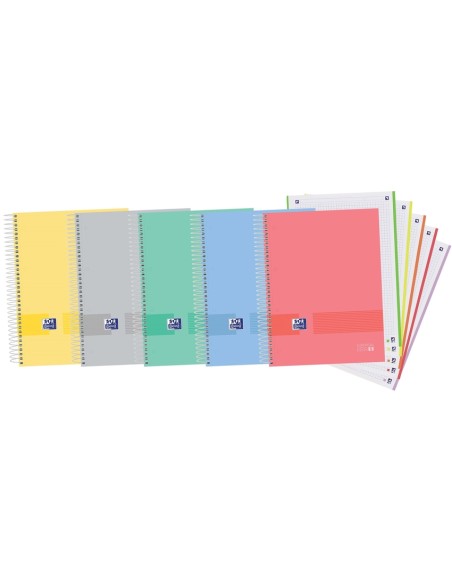 Paq 5 cuaderno espiral A4 120h 90g cuadricula 5x5 microperforado oxford ampyou colores pastel