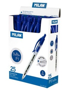MILAN BOLÍGRAFO P1 CUERPO TRANSPARENTE AZUL -CAJA EXP 25U-