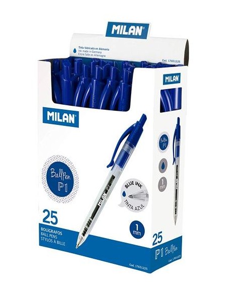 MILAN BOLÍGRAFO P1 CUERPO TRANSPARENTE AZUL -CAJA EXP 25U-