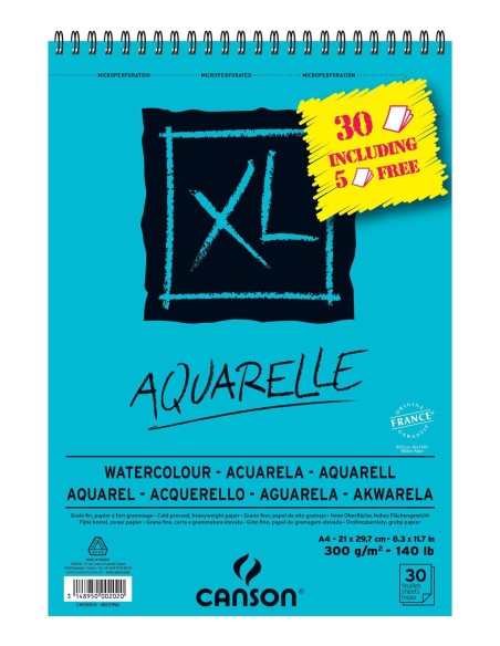 CANSON BLOC ACUARELA AQUARELLE FINO XL ESPIRAL 25 + 5(GRATIS) HOJAS 300GR 21X29,7CM