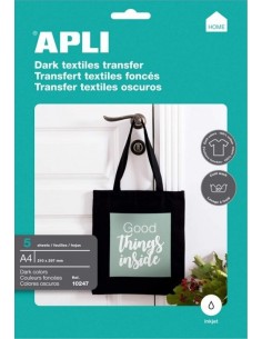 PACK 5 HOJAS A4 PAPEL TRANSFER PARA PRENDAS DE COLOR APLI