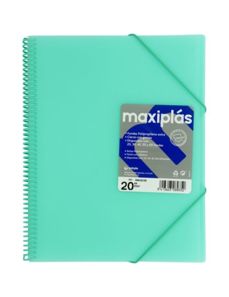 CARPETAS A4 20 FUNDAS A4 ESPIRAL MAXIPLAS VERDE AGUA