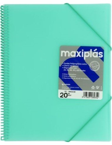 CARPETAS A4 50 FUNDAS A4 ESPIRAL MAXIPLAS VERDE AGUA