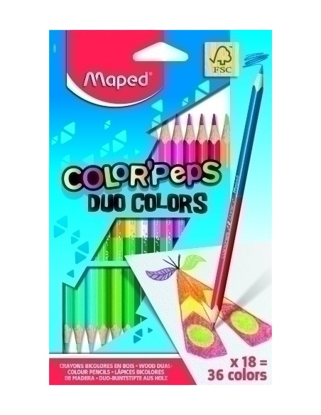 MAPED LÁPICES DE COLORES DUO COLOR´PEPS BICOLOR SURTIDOS EN ESTUCHE DE 18 - Pack de 12 unidades - 829601FC