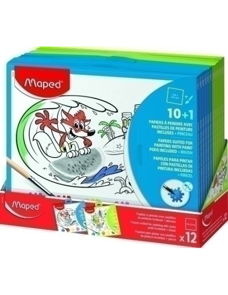MAPED 10 PAPELES PARA PINTAR CON PASTILLAS DE PINTURA + PINCEL COLORES SURTIDOS