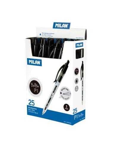MILAN BOLÍGRAFO P1 CUERPO TRANSPARENTE NEGRO -CAJA EXP 25U-