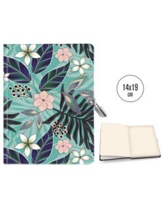 DIARIO CON CANDADO 14X19 CM FLORES AZUL TURQUESA