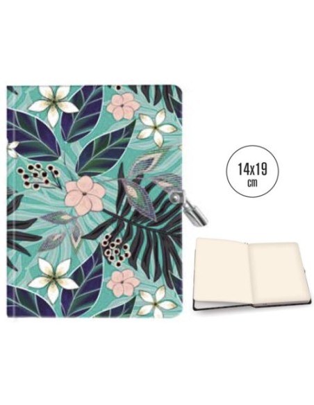 DIARIO CON CANDADO 14X19 CM FLORES AZUL TURQUESA