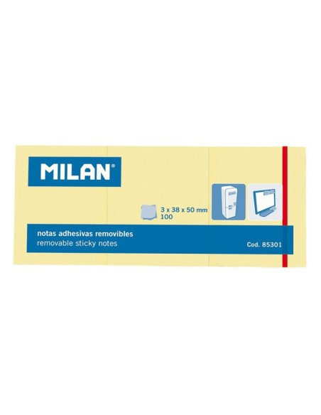 MILAN 3 BLOCS NOTAS ADHESIVAS 3X100 HOJAS 38X50MM AMARILLO -10U-