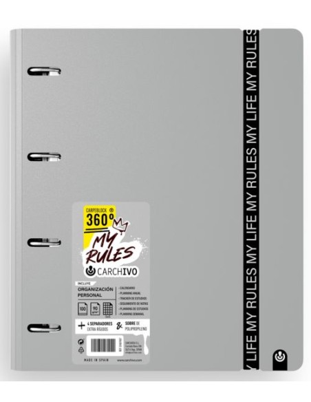 Carpeblock 360 foam my rules a4 anillas 35mm con recambio cuad5x5 y cierre de goma color cuad grey