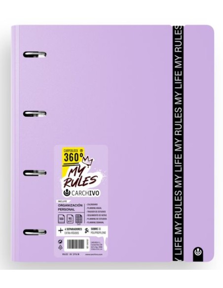 Carpeblock 360 foam my rules a4 anillas 35mm cuad5x5 y cierre de goma color malva