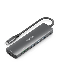 USB-C Dock 7 en 1, USB-C A, 1x HDMI, 3x USB-A, 1x USB-C PD 100W, 1x SD, 1x MicroSD, Gris, 15cm