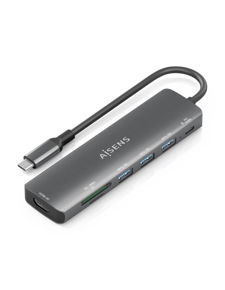 USB-C Dock 7 en 1, USB-C A, 1x HDMI, 3x USB-A, 1x USB-C PD 100W, 1x SD, 1x MicroSD, Gris, 15cm