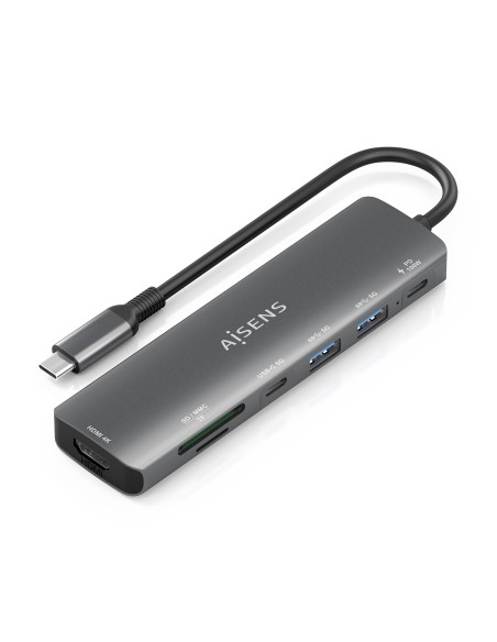 USB-C Dock 7 en 1, USB-C A, 1x HDMI, 2x USB-A, 1x USB-C, 1x USB-C PD 100W, 1x SD, 1x MicroSD, Gris, 15cm