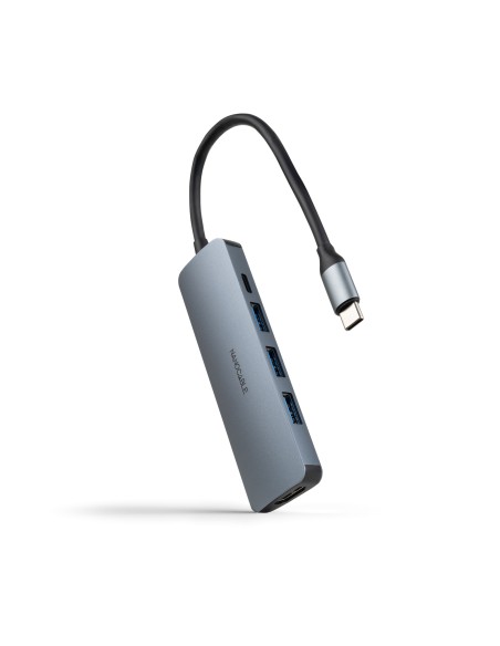 Hub USB-C 5 en 1, Conversor USB-C 3.1 a 3xUSB-A 3.0 + USB-C PD + HDMI, Aluminio, Gris, 18 cm