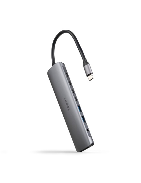 Hub USB-C 8 en 1, Conversor USB-C 3.1 a 2xUSB-A 3.0 + 3xUSB-C 3.0 + USB-C PD + HDMI 4K@60Hz + Audio Jack 3.5, Aluminio, Gris, 18