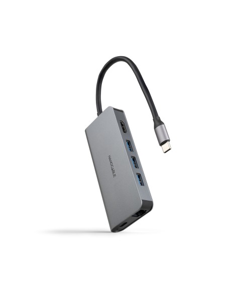 Hub USB-C 8 en 1, Conversor USB-C 3.1 a 3xUSB-A 3.0 + HDMI 4K@60Hz + USB-C PD + RJ45 1Gbps + TF + SD, Aluminio, Gris, 18 cm
