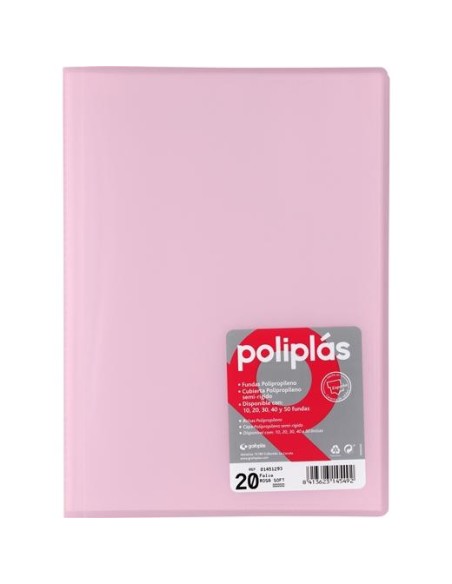 GRAFOPLÁS CARPETA CON FUNDAS POLIPLÁS SOLDADAS FOLIO 20 FUNDAS PP SEMIRÍGIDO TRANSLÚCIDO ROSA SOFT
