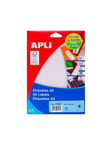 APLI ETIQUETAS ADHESIVAS 105X148MM MANUAL/IMPRESIÓN C/RECTOS 2 X 15H BLANCO