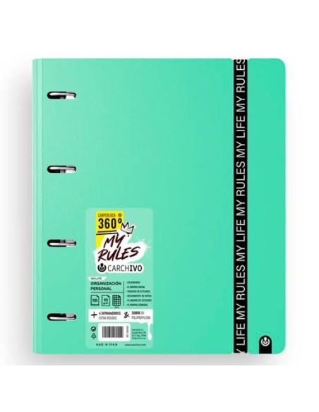 CARCHIVO CARPEBLOCK 360 MY RULES CON RECAMBIO 100H A4 5X5 90GR 4 SEPARADORES PP FOAM JADE