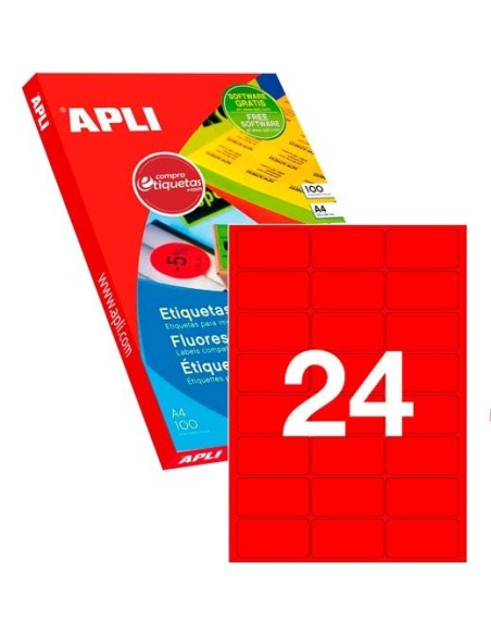 APLI ETIQUETAS DE ADHESIVO PERMANENTE 64X33,9 MM CANTOS ROMOS ROJO FLUORESCENTE -100 HOJAS-