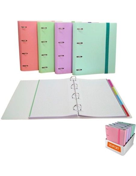 SENFORT EXPOSITOR 8 CARPETAS RINGBOOK 4 ANILLAS 30MM C/RECAMBIO 120H A4 C/SEPARADORES SURTIDO PASTEL