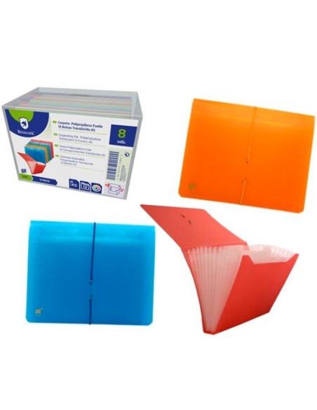 BISMARK CARPETA FUELLE ACORDEÓN 13 C/GOMA A5 PP TRANSPARENTE C/SURTIDOS