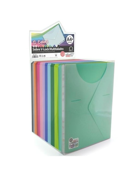 OFFICE BOX CARPETA SOBRE COLORLINE A4+/FOLIO MULTITALADRO CIERRE V-LOCK PP C/SURTIDOS EXPOSITOR 120 UD