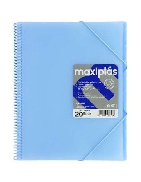 GRAFOPLÁS CARPETA CON FUNDAS MAXIPLÁS ESPIRAL A4 20 FUNDAS C/SOBRE PP RÍGIDO TRANSLÚCIDO AZUL SOFT
