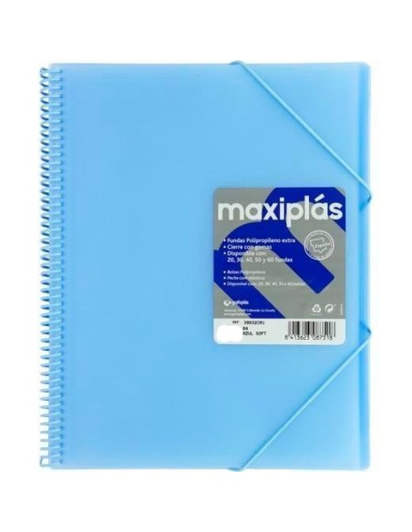 GRAFOPLÁS CARPETA CON FUNDAS MAXIPLÁS ESPIRAL A4 40 FUNDAS C/SOBRE PP RÍGIDO TRANSLÚCIDO AZUL SOFT