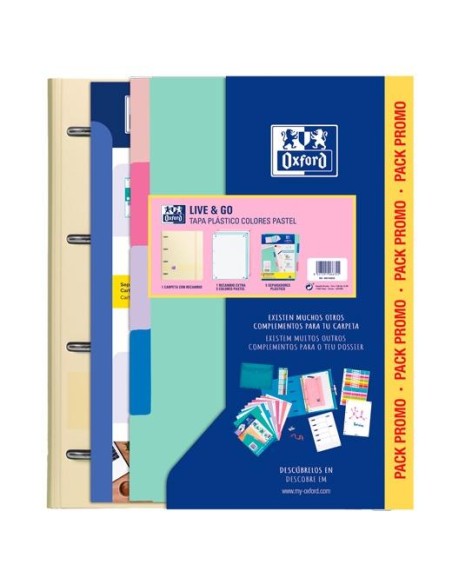 OXFORD EUROPEANBINDER LIVE & GO CARPETA 4 ANILLAS A4 C/RECAMBIO 80H 5X5 C/SEPARADORES POLYFOAM COLORES PASTEL PACK PROMO  - 1 un