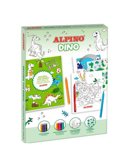 ALPINO SET CREATIVO DECOR DINO 14 ROTULADORES + 18 ILUSTRACIONES + PEGATINAS