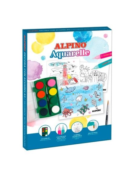 ALPINO SET CREATIVO DECOR AQUARELLE 6 ACUARELAS + 8 LÁMINAS + 2 GLITTER GLUE