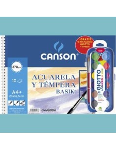 CANSON BLOC ACUARELA Y TÉMPERA BASIK ESPIRAL 10 HOJAS + 12 ACUERLAS MINI + PINCEL GRATIS 370GR 23X32,5CM UNITARIO
