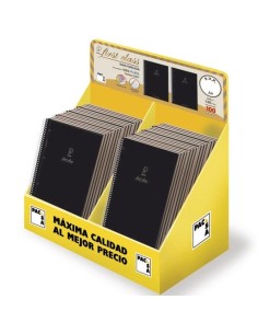 PACSA CUADERNO SERIE FIRST CLASS A5 MICROPERFORADO 120H TAPA NEGRA RELIEVE ORO/PLATA EXPOSITOR DE 24 SURTIDOS