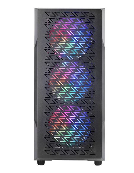 MC-GEO, Caja Gaming ATX, 4x Ventiladores FRGB Rainbow 12cm, Panel Frontal Mesh Geométrico, Ventana Lateral Cristal Templado, Sem