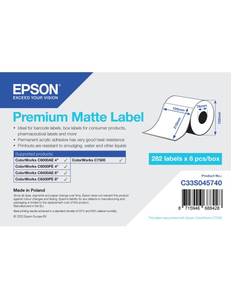 Premium Matte Label - Die-Cut Roll: 105mm x 210mm, 282 labels