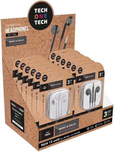 [TEC1003] Expositor 12 auriculares ergonomicos eartech 6 de color blanco y 6 negros