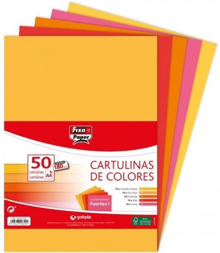 PAQ/50 CARTULINAS FIXO A4 180G. SURTIDOS FUERTES 1